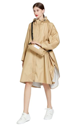 Damen Regenponcho Wasserdichter Regenmantel Freie Größe mit Kapuze Reißverschluss Aufbewahrungstasche mit Gürtel (Khaki)