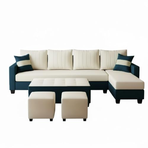 Image of FURNY Avenue 8 Seater Fabric RHS L Shape Sofa Set with 1 Centre Table & 2 Puffy (Cream-Greenish Teal) Premium Velvet Finish