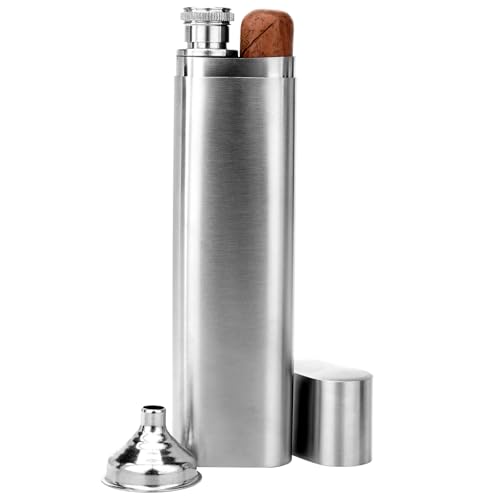 Linkidea 2 Oz Hip Flask Cigar Holder with Funnel, Single Tube Stainless Steel Cigar Tube, Alcohol Container Carrying Storage Case for Travel (Silver)