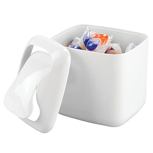 mDesign Small Mini Plastic Modern Laundry Storage Organizer Bin with Swing Lid for Utility Room Countertop, Tabletop - Store Laundry Detergent, Laundry Pods, Fabric Softener, Clothes Pins - White