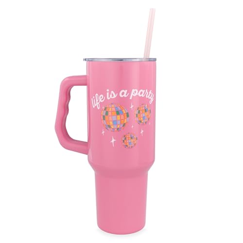 Image of Silver Buffalo Disney Lilo and Stitch inchLife Is A Party inch Stainless Steel Tumbler with Handle, Fits in Standard Cup Holder, 40 Ounces