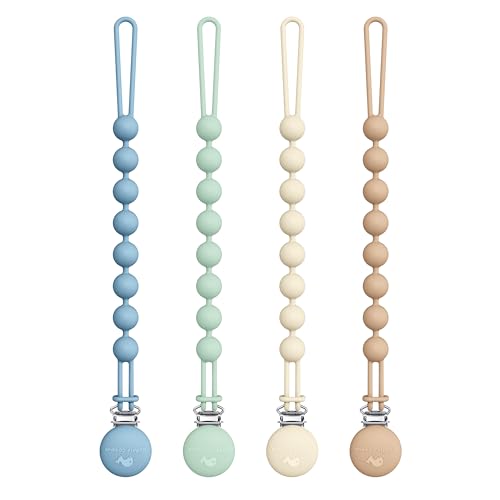Image of Cuddle Campus Silicone Pacifier Clip Holder with One Piece Design, Pack of 4 Soft Flexible Binky Clips for Baby Boy and Girl Set 1(3M+)