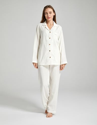 Image of Womens Muslin Pajama Set 100% Cotton Double Gauze Linen Like | Breathable Soft Comfort Button Up Loungewear Sleepwear PJ Set