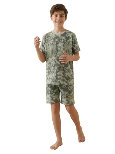 Image of Li'l Tomatoes Boys 100% Cotton Night Suit Set | Half Sleeve T-Shirt & Shorts | Color Block & Typography Print | Soft & Breathable Sleepwear | Casual Summer Wear | 9-16 Years
