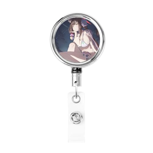 吊り下げ名札用リール ブルーアーカイブ 狐坂ワカモ 格納式バッジホルダー バッジリール IDカードリール ステンレス製 円形 胸に固定 社員証 通行証 名札入れ 落下防止 通勤 通学 プレゼント 最長62cm