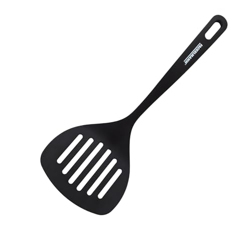 Fackelmann Fenix Espátula de Cocina con Ranuras, Material RPET 100% Reciclado, Plástico Reciclable con Alta Resistencia al Calor hasta 230ºC, Alta Durabilidad, Anti Rayaduras, Negro, 30 cm, 1 ud.