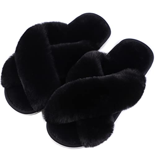 Women's Cross Band fluffy Slippers, Lady Soft Plush Faux Rabbit Fur Furry Cozy Open Toe House Indoor Warm Slippers