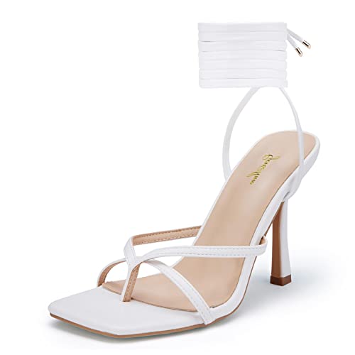 GENSHUO Femme Sandales à Lacets à Talon Aiguille, Sexy Sandales Carrées à Talon Haut et Bout Ouvert Stiletto High Heels pour Les Fêtes de Mariage Blanc 38.5 EU Cover