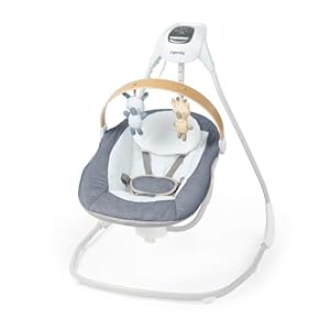 Ingenuity SimpleComfort Compact Soothing Swing, Rotating Bar, Rotating Seat, 6 Speeds, for Ages 0-9 Months, Up to 20 Pounds – Chambray