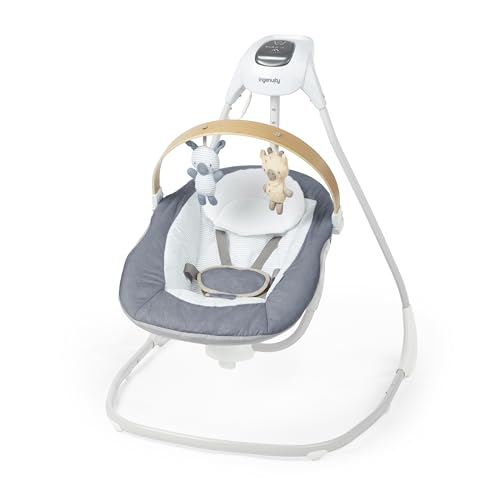 Ingenuity SimpleComfort Compact Soothing Swing, Rotating Bar, Rotating Seat, 6 Speeds, for Ages 0-9 Months, Up to 20 Pounds – Chambray