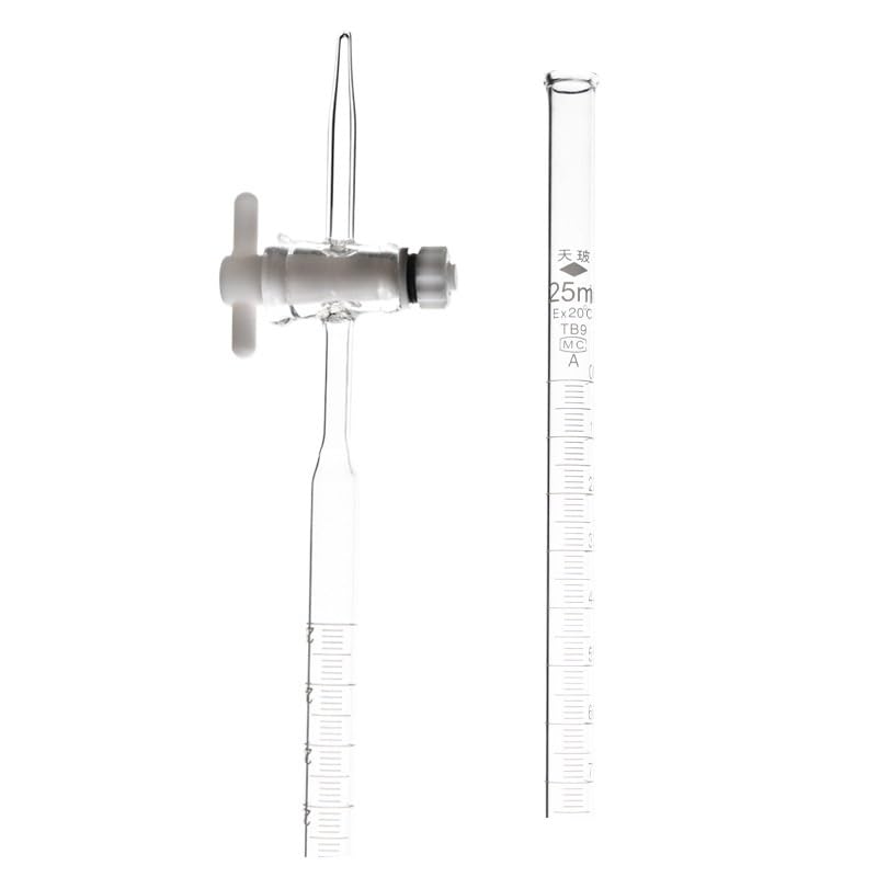 Buretta in Vetro Classe A con Rubinetto PTFE - 10ml, 25ml, 100ml Tubo di Titolazione per Acido & Alcali, Linea Blu Schellbach/Ambrato/Chiaro, Borosilicato 3.3(White acid 25ml)