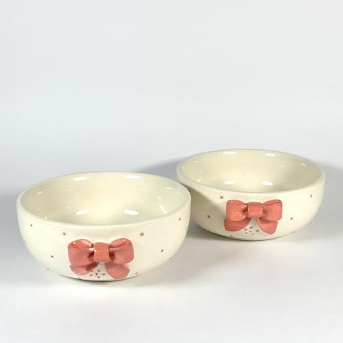 Image of SNS Handmade Ceramic Serving Bowl Set (Set of 2) | Microwave Safe Cute Ceramic Bowl Set | Aesthetic Snack, Salad, Cereal, Dessert & Soup Bowl | Premium Kitchen & Breakfast Bowl (Riva Red Bow Bowl)