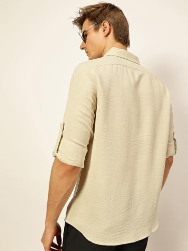 Image of Thomas Scott Men's | Solid | Textured Fabric | Full Sleeve | Slim Fit | Polyester-Blend | Spread Collar | Casual Shirt