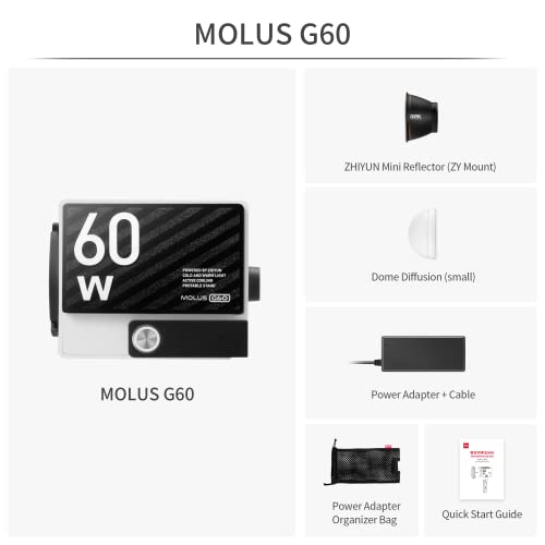 Image of ZHIYUN MOLUS G60 [Official] Video Light 60 W, COB LED Portable Video Light, Bi-Colour Streaming Lamp with 2376 Lux /2700~6500K /CRI≥96 /TLCI≥97 /APP Control, for YouTube TikTok