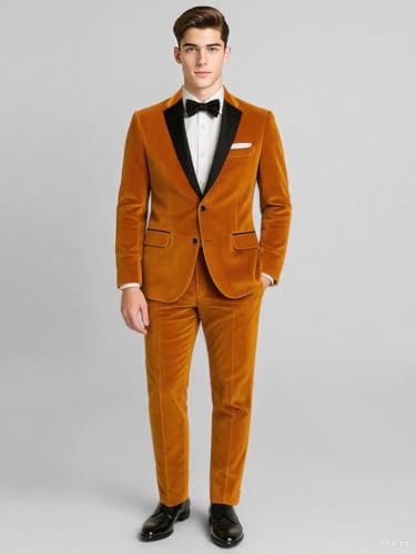 VENNYNG Men's Velvet Suits Blazer & Pants Set Slim Fit 2 Piece Single Breasted Two-Buttons2