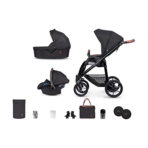 Venicci Gusto 2.0 3-in-1 Travel System - Noir - 10 Pieces Bundle Incl. Carrycot, Car Seat, Changing Bag, Footmuff, Raincover, Mosquito Net, 5-Point Harness, Car Seat Adapters (3 in 1) Cover