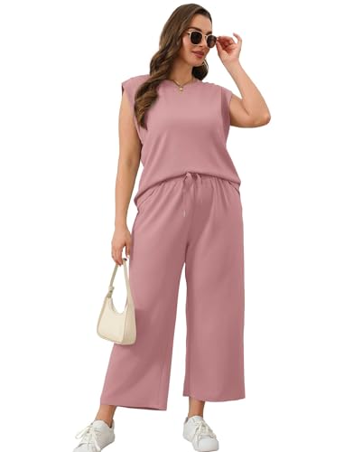 Image of SAMPEEL Two Piece Sets for Women Casual Travel Vacation Outfits Summer Wide Leg Crop Pants Lounge Sets