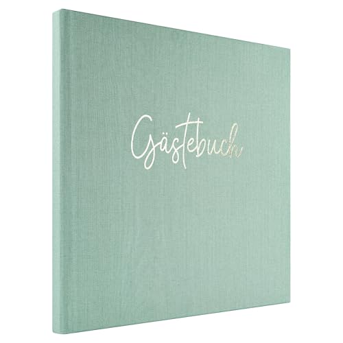 DeinWeddingshop Gästebuch zur Hochzeit mit Fragen - Leinen-Bezug mit Prägung | Edles Hochzeitsgästebuch | 104 Seiten - 50 Eintragungen | Hardcover 21x21cm | Mint Grün