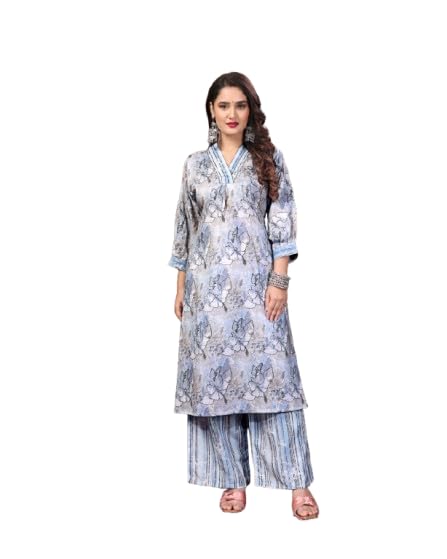 Light Blue Viscose Floral Print Kurta with Striped Palazzo Set (MUSLIN)-image-21