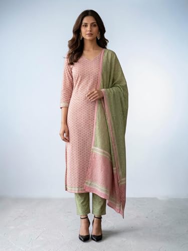 Image of Eddika women unstitched hand block printed cotton suit set with mulmul dupatta ehbpcswmd0120P