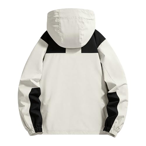 Image of Color Block Waterproof Hooded For Men Rain Shell Jacket Windproof Coat With Adjustable Drawcord Hood & Velcro Cuffs Packable Zip Up Hiking Camping And Fishing Outdoor Activities White M