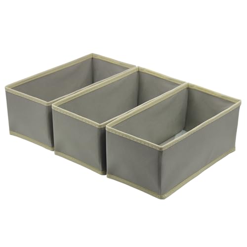 Bructhun Sock Drawer Organizer 3 Pack - Foldable Fabric Storage Bins for Underwear Divider, Small Closet Organizers with 3 Compartments, Light Gray