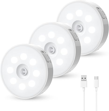 Image of ECOBSY Motion Sensor Light for Home Indoor Outdoor, Rechargeable Adhesive Led Night Light for Kitchen Cabinet Cupboard Stairs Wardrobe, Battery Operated, Automatic On Off (Round - Cool White, 3)