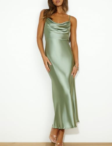 Image of Summer Satin Spaghetti Strap Cowl Neck Backless Midi Dresses for Women Elegant Tie Low Back Ruched Cocktail Dress
