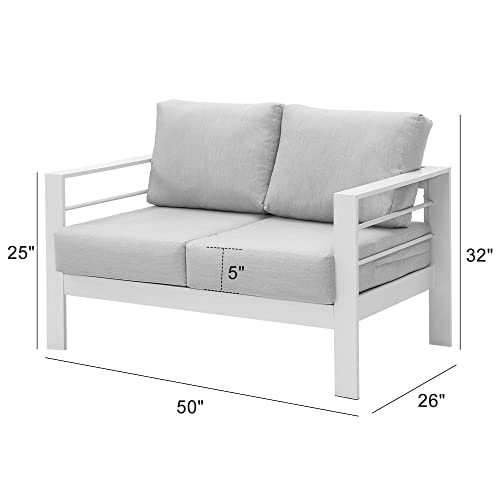 Wisteria Lane Patio Furniture Aluminum Loveseat, All-Weather Outdoor 2 Seats Sofa Couch, White Metal Chair With Light Grey Cushions #TOP2