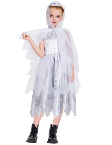 Girls Ghost Costume, 2 Pcs Dress Hooded Cape Suit for