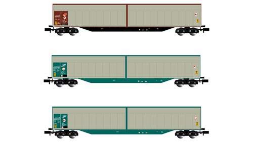 FS, 3-unit set 4-axle sliding-wall wagons Habills, silver/brown resp. Silver/green livery, period V