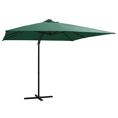 vidaXL Green Cantilever Umbrella with LED Lights | Heavy-Duty Steel Pole | UV Protective Polyester Cover | Includes Cross Base | 2.5m Square Parasol | Tiltable & 360-degree Rotating Design