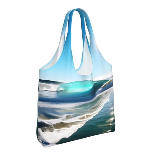 Clear Sky Wave Beach One-Shoulder Canvas Bag Reusable Tote Bags,Bulk Grocery, Shopping, Beach, Travel And Gift Use2