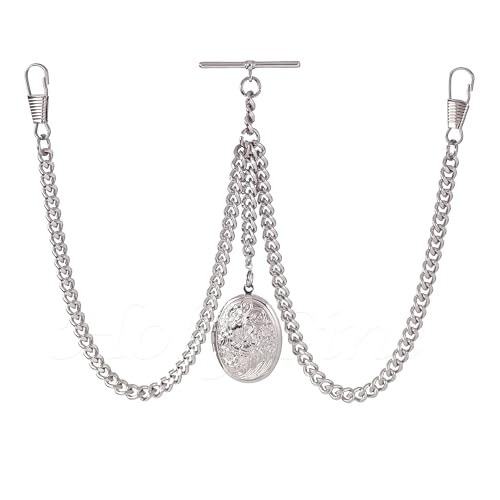 Holy Sins Jewellery Double Albert Silver Pocket Watch Chain with Floral Locket Pendant Adjustable Length Handmade in the UK (12)