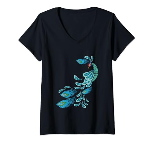 Mujer Azul Pavo Real Estampado Plumas Turquesa Ropa I Pavo Real Camiseta Cuello V