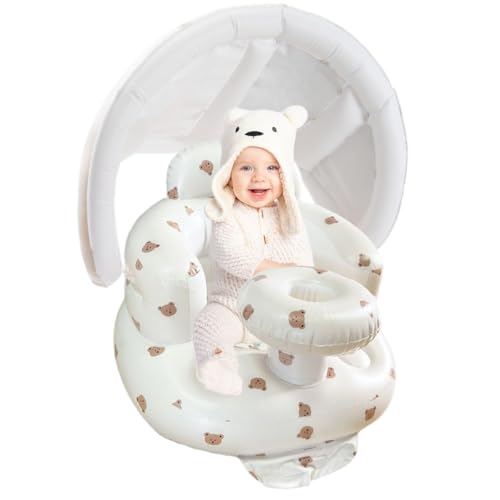 Image of Baby Inflatable Seat for Babies 4-24 Months Built in Air Pump Infant Back Support Sofa Toddler Chair for Sitting Up, Baby Shower Chair Outdoor Floor Seater Gifts (Bear Head+Canopy)