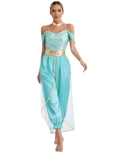 Yhong Costume De Princesse Jasmine pour Femme Ensemble Costume De Princesse Arabe Combinaison À Paillettes Tenue Cosplay pour Halloween Carnaval Turquoise M