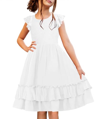 HOSIKA Girls Lace Flower Boho Ruffle Sleeve A-Line Tiered Summer Dress for Wedding Party with Pockets, White, 10 Years