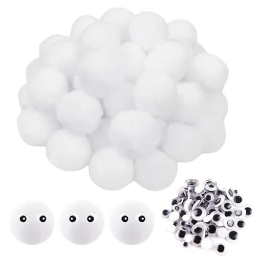 TOAOB 50 Stück Pompons zum Basteln Groß 30 mm Weiß Pompom Flauschigen Plüsch set Bälle Kunst Bommel mit 100 Stück Selbstklebend Wackelaugen für Dekorieren Nähen DIY Lustige Kreativen Handwerk