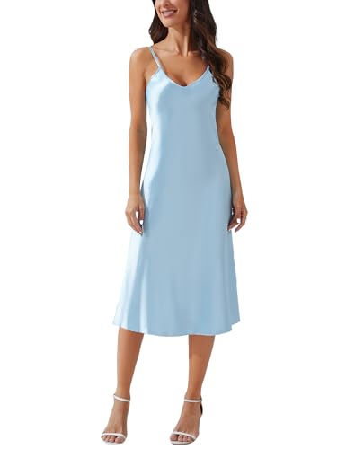 Litherday Women Sexy Long Nightgown Lingerie Silk Slip Sleep Dress Spaghetti Strap Midi Camisole Dress Light Blue L