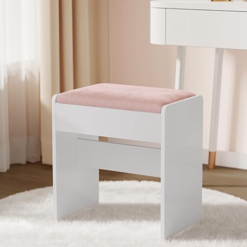 Image of VASAGLE KAILYN Collection - Velvet Vanity Stool, Upholstered Makeup Stool, Modern Footrest with Anti-Slip Pads, for Makeup Room, Bedroom, Entryway, Matte White and Jelly Pink URDS001W01S