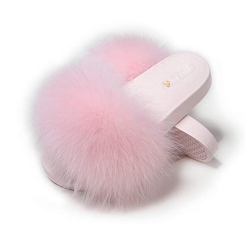 Fur Story Fur Slides Slippers Furry Fuzzy Slides Open Toe Fluffy Slides Fox Fur Feather Sandals Fur Slip On Shoes For Women #TOP13