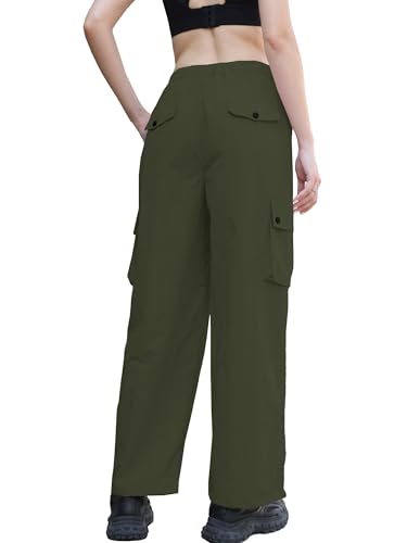 Image of Betusline Girls & Women's High Waist Wide Leg Cargo Pants Y2K Parachute Pants with Pockets and Drawstring 6 Years-Women 2XL