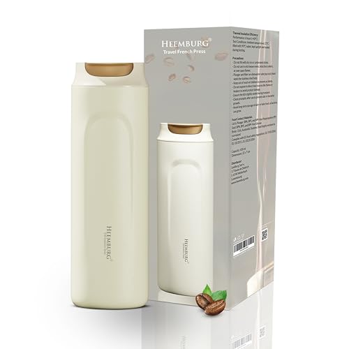 Heemburg French Press Coffee Maker To-Go – Insulated Travel Coffee Press, Stainless Steel, Double-Wall Vacuum, Keeps Coffee Hot for 6 Hours – Portable & Reusable for Home, Office & Travel (Beige)