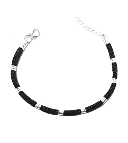 925 Sterling Silver Black Thread Silver Bracelet Nazariya Adjustable | Nazar Battu | For Girls Women