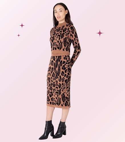 Paris Hilton Women's Mock Neck Sweater and Sweater Pencil Skirt Outfit Y2K Set, Leopard Animal Print2
