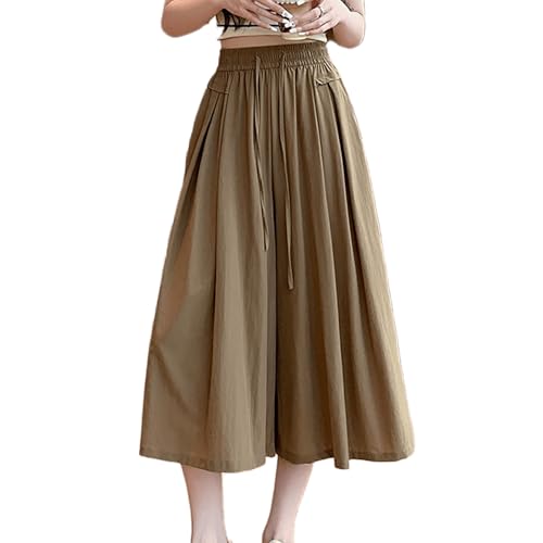 Capri Pants for Women Summer Wide-Leg with Pockets Stretch Elastic Waist Rayon Beach Trousers (Solid Color)