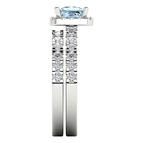 Clara Pucci 1.56 tcw Princess Cut NaturalAquamarine Wedding Ring Set for Women | 14K White Gold 2-Piece Womens Anniversary Ring for her, Womens Solid Gold Stackable Eternity Band and Vintage Gold Ring3