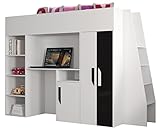 KRYSPOL Etagenbett für Kinder Party 15 Stockbett mit Treppe und Bettkasten (Weiß + Schwarz Glanz)