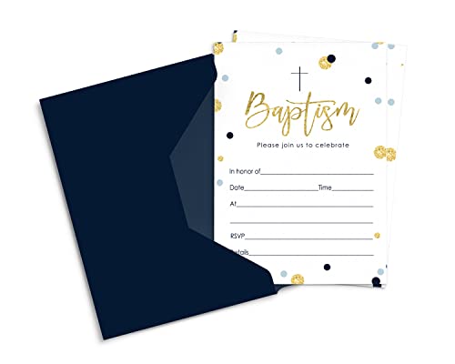Boys Baptism Invitation With Envelopes (15 Pack) Blank Invites For Christening, Naming Ceremony, Dedication, Confirmation, Communion – Navy And Gold Theme Designs – 4X6 Card Set Printed Diy #TOP17